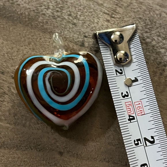 Murano style glass heart pendant with colors of white, brown and blue. - Picture 2 of 2